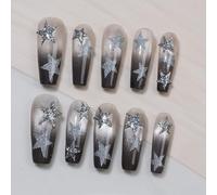 Sun&Beam Nails Ongles artificiels faits main Long Coffin Ballerine à coller en Argenté Gris Blanc Ombre design avec autocollants - 10 pièces (#263 XS)