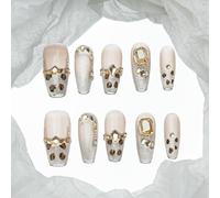 Sun&Beam Nails Ongles artificiels faits main Long Coffin Ballerine à coller en Beige nude Beige nude Doré Imprimé léopard Strass Français design avec autocollants - 10 pièces (#202 S)