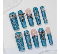 Sun&Beam Nails Ongles artificiels faits main Long Coffin Ballerine à coller en Bleu Beige nude Y2K Glamour 3D design avec autocollants - 10 pièces (#269 M)