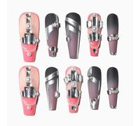 Sun&Beam Nails Ongles artificiels faits main Long Coffin Ballerine à coller en Rose Gris 3D Cool Strass design avec autocollants - 10 pièces (#139 M)