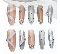 Sun&Beam Nails Ongles artificiels faits main Long Ovale à coller en Doré Noir Beige nude Argenté Peint à la main Pois Français design avec autocollants - 10 pièces (#183 M)