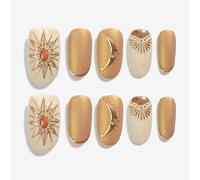 Sun&Beam Nails Ongles artificiels faits main Long Rond à coller en Doré Jaune Peint à la main Bohème Brillant design avec autocollants - 10 pièces (#135 S)