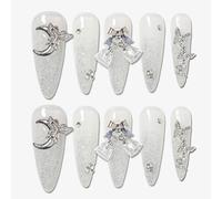 Sun&Beam Nails Ongles artificiels faits main Long Stiletto Amande à coller en Blanc Argenté 3D Dégradé Mignon design avec autocollants - 10 pièces (#156 XS)