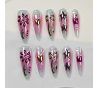 Sun&Beam Nails Ongles artificiels faits main Long Stiletto Amande à coller en Rose Blanc 3D Fleur Peint à la main design avec autocollants - 10 pièces (#277 M)