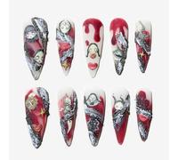 Sun&Beam Nails Ongles artificiels faits main Long Stiletto Amande à coller en Rouge Blanc Ombre Peint à la main Dessin animé design avec autocollants - 10 pièces (#132 S)