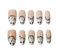 Sun&Beam Nails Ongles artificiels faits main Moyen Amande à coller en Blanc Noir Beige nude Halloween Dessin animé Peint à la main design avec autocollants - 10 pièces (#188 M)