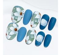 Sun&Beam Nails Ongles artificiels faits main Moyen Amande à coller en Bleu Fleur Peint à la main Japonais design avec autocollants - 10 pièces (#060 M)