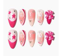 Sun&Beam Nails Ongles artificiels faits main Moyen Amande à coller en Rose Dégradé Étoile Nœud design avec autocollants - 10 pièces (#023 XS)