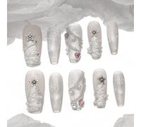 Sun&Beam Nails Ongles artificiels faits main Moyen Coffin Ballerine à coller en Blanc Argenté Violet Rose Noël 3D Mignon design avec autocollants - 10 pièces (#197 XS)