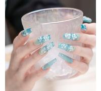 Sun&Beam Nails Ongles artificiels faits main Moyen Coffin Ballerine à coller en Bleu 3D Fleur Minimaliste design avec autocollants - 10 pièces (#245 M)