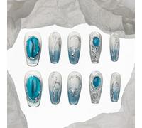 Sun&Beam Nails Ongles artificiels faits main Moyen Coffin Ballerine à coller en Bleu Argenté Brillant Dégradé Peint à la main design avec autocollants - 10 pièces (#201 XS)