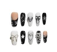 Sun&Beam Nails Ongles artificiels faits main Moyen Coffin Ballerine à coller en Noir Beige nude Blanc Argenté Peint à la main Nœud Cœur design avec autocollants - 10 pièces (#178 S)