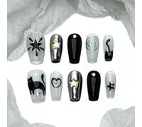 Sun&Beam Nails Ongles artificiels faits main Moyen Coffin Ballerine à coller en Noir Blanc Peint à la main Strass Chaton design avec autocollants - 10 pièces (#207 S)