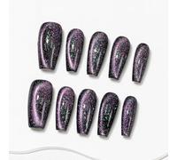 Sun&Beam Nails Ongles artificiels faits main Moyen Coffin Ballerine à coller en Noir Violet Vert Aimant Couleur unie Minimaliste design avec autocollants - 10 pièces (#255 S)