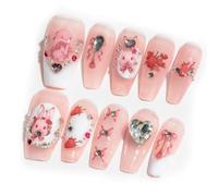 Sun&Beam Nails Ongles artificiels faits main Moyen Coffin Ballerine à coller en Rose Blanc Français Dessin animé Mignon design avec autocollants - 10 pièces (#072 S)