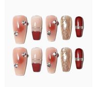 Sun&Beam Nails Ongles artificiels faits main Moyen Coffin Ballerine à coller en Rouge Doré Paillettes Français Strass design avec autocollants - 10 pièces (#043 M)