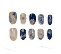 Sun&Beam Nails Ongles artificiels faits main - Press-on Moyen Amande Bleu Doré Blanc Ombre Dégradé Fleur autocollants, 10 pièces (#287 M)