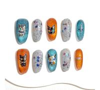 Sun&Beam Nails Ongles artificiels faits main - Press-on Moyen Amande Orange Bleu Blanc Dessin animé Chaton Aimant autocollants, 10 pièces (#284 L)