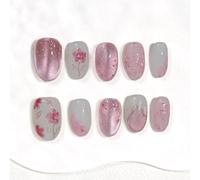 Sun&Beam Nails Ongles artificiels faits main - Press-on Moyen Amande Rose Blanc Fleur Aimant Ombre autocollants, 10 pièces (#288 XS)