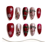 Sun&Beam Nails Ongles artificiels faits main - Press-on Moyen Amande Rouge Vert hiver Carreaux Noël Xmas autocollants, 10 pièces (#280 XS)