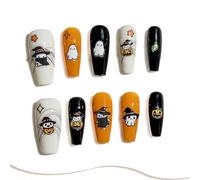 Sun&Beam Nails Ongles artificiels faits main - Press-on Moyen Coffin Ballerine Jaune Blanc Noir Halloween Mignon Dessin animé autocollants, 10 pièces (#282 XS)