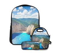 Sun Blue Travel Amazing Sac à Dos d'école Navagio Beach Zante Grèce Eau célèbre en épave Naufrage Nature Europe Imperméable avec Sac à déjeuner et Trousse à Crayons