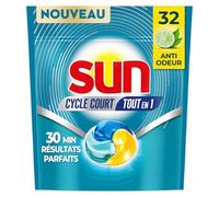 Sun - Capsules Cycle Court Dès 30 Minutes Tout en 1 - Tablettes Lave-Vaisselle Anti-Odeur - Nettoyage Parfait Sans Résidu - Parfum Citron Vert, Thé Vert - Pastilles Lave-Vaisselle en Gel - 32 Lavages