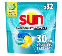 Sun - Capsules Lave-Vaisselle, Cycle Court Tout en 1, 32 Pastilles | Nettoyage rapide dès 30 minutes, technologie gel anti-résidu, neutralise les odeurs, Pastilles Lave-Vaisselle en Gel