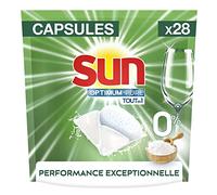 Sun Capsules Lave-Vaisselle Optimum Pure Tout En 1 0% x28, 0% colorants, phosphates et parfums, Vaisselle éclatante et Impeccable, Ingrédients Naturels, Nettoyage & Brillance, 28 Tablettes