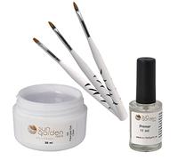 Sun Garden Nails Gel UV Fibre de Verre Clair 30 ml avec Ensemble de Brosses Zèbre et Apprêt - Gel Adhésif d'Accumulation Monophasé