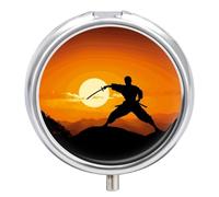 Sun Karaté - Pilulier de voyage à 3 compartiments avec miroir - Pilulier quotidien en métal pour sac à main et poche - Petite boîte à médicaments ronde - Boîte à vitamines