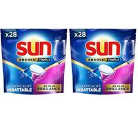 Sun Pastilles Lave-Vaisselle Absolu Tout-en-1 Brillance - 28 capsules - tablettes imbattables sur les taches tenaces - 4x plus d'éclat (Lot de 2)