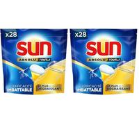 Sun Pastilles Lave-Vaisselle Absolu Tout-en-1 Dégraissant - 28 capsules - tablettes imbattables sur les taches tenaces - 2x plus efficace (Lot de 2)