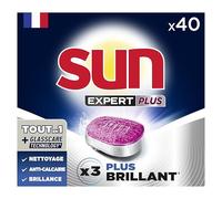 Sun - Pastilles Lave-Vaisselle Tout en 1 Brillance - Expert + Glass Care Technology - 40 Lavages - Fabriqué en France
