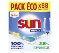 SUN - pastilles lave-vaisselle Tout en 1 Citron - 88 tablettes - avec 85% d'ingrédients d'origine naturelle - 100% efficace sur + de 99 taches - Fabriqué en France