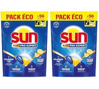 Sun - Pro Expert - Pastilles Lave Vaisselle - Action 4 en 1 - Citron - Elimine 100% des taches brûlées de +72h - dégraissent en Profondeur - 56 Capsules (Lot de 2)