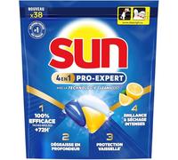 Sun - Pro Expert - Pastilles Lave Vaisselle - Action 4 en 1 - Citron - Elimine 100% des taches brûlées de +72h - dégraissent en Profondeur - 38 Capsules