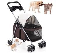 SUN RDPP Poussette pour chien, 4 roues pliable avec porte-gobelet, chariot de voyage pliable, chariot de promenade portable pour chiens et chats de petite et moyenne taille, marron