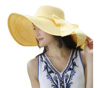 Sun Straw Women Brim Cap Hat Floppy Wide Hats Beach Folding Brim Bowknot Big Baseball Caps (Yellow, One Size)