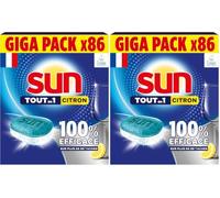 Sun - Tablettes Lave-Vaisselle Tout-en-1 Citron - Éliminent + de 99 Taches du Quotidien sans Prérinçage - 80% d'Ingrédients d'Origine Naturelle - Utilisation Simple - 86 Pastilles Lave-Vaisselle