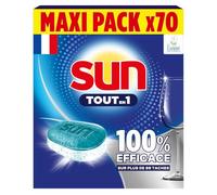 Sun - Tablettes Lave-Vaisselle, Tout-en-1, Regular, 70 Pastilles | Nettoyage efficace sur 99 taches, formule tout en 1 avec sel et liquide de rinçage, compatible cycles courts et éco