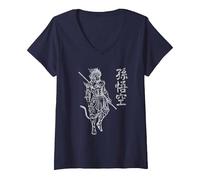 Sun Wukong Singe King Lettres Chinoises T-Shirt avec Col en V, Femme, Bleu Marine, XXL