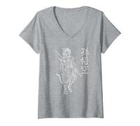 Sun Wukong Singe King Lettres Chinoises T-Shirt avec Col en V, Femme, Gris Chiné, M