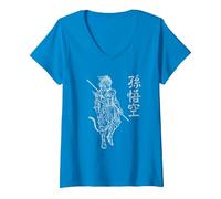 Sun Wukong Singe King Lettres Chinoises T-Shirt avec Col en V, Femme, Saphir, XL