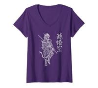 Sun Wukong Singe King Lettres Chinoises T-Shirt avec Col en V, Femme, Violet, L