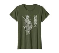 Sun Wukong Singe King Lettres Chinoises T-Shirt, Femme, Olive, XS