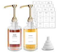 Sunal Distributeur de sirop de café, doré, 500 ml, lot de 2 bouteilles de sirop en verre, distributeur de sirop avec pompe de grande capacité de 0,6 g et 36 étiquettes étanches et entonnoir pour