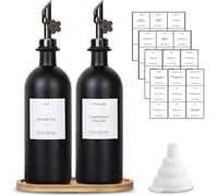 sunal Distributeur d'huile d'olivel,Noir 500ml/16,9 OZ distributeur d'huile avec plateau, 2 distributeurs d'huile de verre et de vinaigre avec 2 décanteurs Lestés,40 étiquettes,1 entonnoir