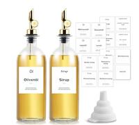 sunal Lot de 2 bouteilles d'huile d'olive pour la cuisine 500 ml Avec bec verseur lesté Distributeur de sirop en verre avec étiquette étanche×30,entonnoirs en silicone×1,Doré