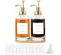 Sunal Lot de 2 distributeurs de sirop de café dorés de 500 ml avec plateau, flacons à pompe en verre avec entonnoir et 36 étiquettes pour cuisine et bar à café